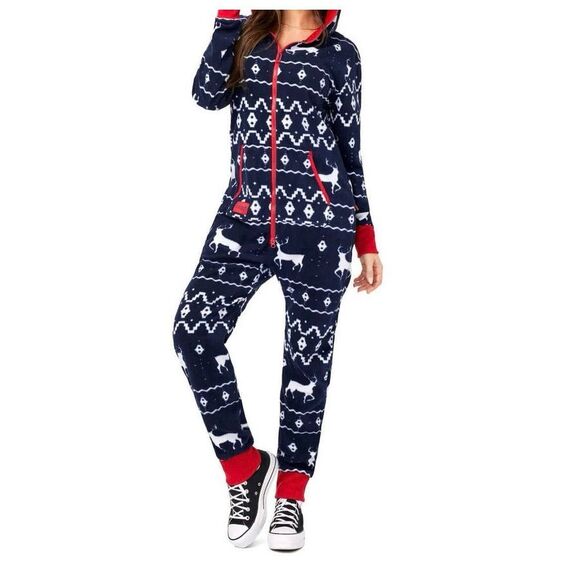 NWOT Tipsy Elves Cozy Blue Reindeer Jumpsuit One Piece Romper Women's Medium - Picture 1 of 16